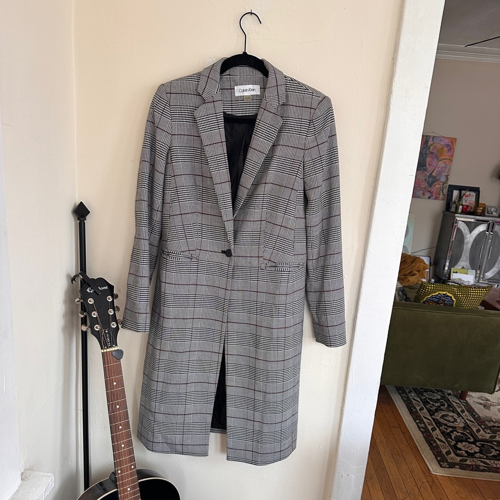 Calvin Klein Glen Plaid Houndstooth Longline Coat Single Button Black White S